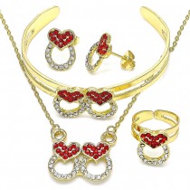 Gold Filled Necklace Bracelet Earring and Ring Heart Design With Garnet and White Crystal Polished Finish Golden Tone