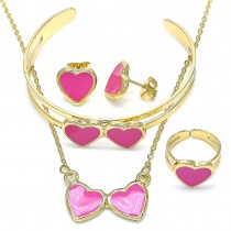 Gold Filled Necklace Bracelet Earring and Ring Heart Design Pink Enamel Finish Golden Tone