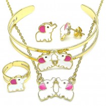 Gold Filled Necklace Bracelet Earring and Ring Elephant Design Pink Enamel Finish Golden Tone
