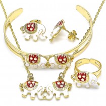 Gold Filled Necklace Bracelet Earring and Ring Elephant Design Red Enamel Finish Golden Tone