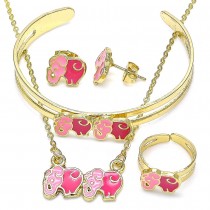 Gold Filled Necklace Bracelet Earring and Ring Elephant Design Pink Enamel Finish Golden Tone