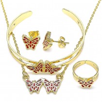 Gold Filled Necklace Bracelet Earring and Ring Butterfly Design Red Enamel Finish Golden Tone