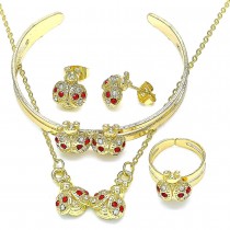 Gold Filled Necklace Bracelet Earring and Ring Ladybug Design With Garnet and White Crystal Polished Finish Golden Tone