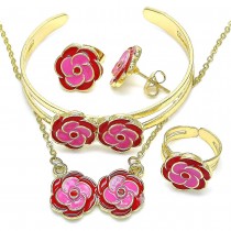 Gold Filled Necklace Bracelet Earring and Ring Flower Design Red Enamel Finish Golden Tone