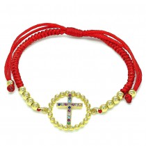 Gold Filled Adjustable Bolo Bracelet Cross and Ball Design With Multicolor Micro Pave Polished Finish Golden Tone