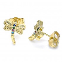 Gold Filled Dragon-Fly Design Stud Earrings With Multicolor Micro Pave Polished Finish Golden Tone