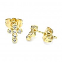 Gold Finish Stud Earring Cross Design with White Micro Pave Polished Golden Tone