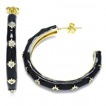 Gold Filled Stud Earring Star Design With White Cubic Zirconia Black Enamel Finish Golden Tone