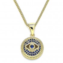 Gold Filled Pendant Necklace Greek Eye Design With White and Blue Micro Pave Polished Finish Golden Tone