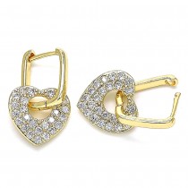 Gold Finish Huggie Hoop Heart and Paperclip Design with White Cubic Zirconia Polished Golden Tone