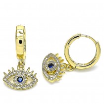 Gold Filled Huggies Hoop Greek Eye Design With Sapphire Blue and White Micropave Polished Finish Golden Tone