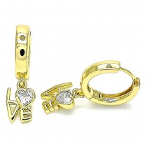 Gold Filled Huggies Hoop Love and Heart Design With White Micro Pave Polished Finish Golden Tone