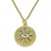 Gold Filled Pendant Necklace Greek Eye Design With Multicolor Micro Pave Polished Finish Golden Tone