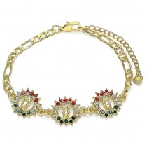Gold Filled Fancy Bracelet Guadalupe Design With Multicolor Crystal Polished Finish Golden Tone