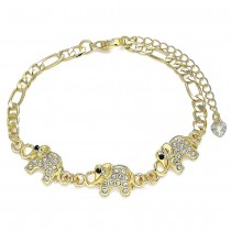Gold Filled Fancy Bracelet Elephant Design With White and Black Crystal Polished Finish Golden Tone
