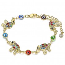 Gold Filled Fancy Bracelet Elephant and Greek Eye Design With Multicolor Crystal Multicolor Resin Finish Golden Tone