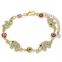 Gold Filled Fancy Bracelet Elephant and Greek Eye Design With White and Black Crystal Red Resin Finish Golden Tone