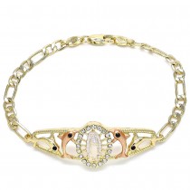Gold Filled Fancy Bracelet Guadalupe and Dolphin Design With White and Black Crystal Polished Finish Tri Tone