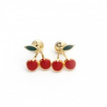 Gold Filled Stud Earrings Cherry Design Red Enamel Finish Golden Tone