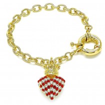 Gold Filled Charm Bracelet Heart and Crown Design With Garnet and White Crystal Polished Finish Golden Tone