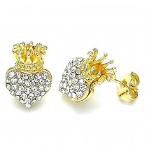 Gold Filled Stud Earring Heart and Crown Design With White Crystal Polished Finish Golden Tone