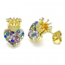 Gold Filled Stud Earring Heart and Crown Design With Multicolor Crystal Polished Finish Golden Tone