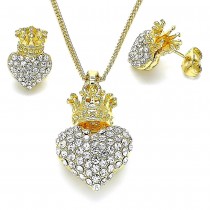 Gold Filled Earring and Pendant Adult Set Heart and Crown Design With White Crystal Polished Finish Golden Tone