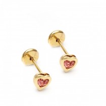Gold Filled Stud Earring Heart Design With Pink Cubic Zirconia Polished Finish Golden Tone