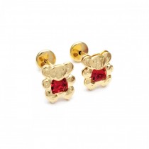 Gold Filled Stud Earrings Teddy Bear Design With Garnet Cubic Zirconia Polished Finish Golden Tone
