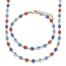 Gold Filled Fancy Necklace & Set Bracelet Greek Eye Design Multicolor Resin Finish Golden Tone