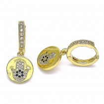Gold Filled Huggie Hoop Earrings Hand of God Design With Blue Topaz and White Micro Pave Polished Finish Golden Tone