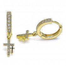 Gold Filled Huggie Hoop Earrings Cross Design With White Micro Pave Polished Finish Golden Tone