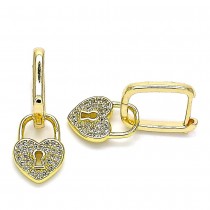 Gold Filled Huggie Hoop Earrings Heart and Lock Design With White Micro Pave Polished Finish Golden Tone