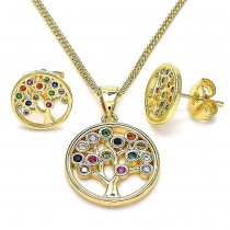 Gold Filled Earring and Pendant Set Tree Design With Multicolor Cubic Zirconia Polished Finish Golden Tone