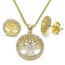 Gold Filled Earring and Pendant Set Tree of Life Design with White Micro Pave Polished Golden Finish