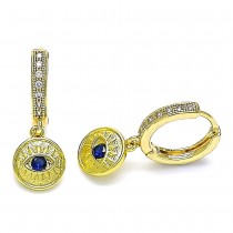 Gold Filled Huggie Hoop Earrings Greek Eye Design With Blue Topaz Cubic Zirconia and White Micro Pave Polished Finish Golden Tone
