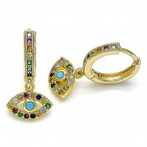 Gold Filled Huggie Hoop Earrings Greek Eye Design With Multicolor Micro Pave Polished Finish Golden Tone