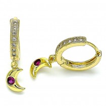 Gold Filled Huggie Hoop Moon Design With Ruby Cubic Zirconia and White Micro Pave Polished Finish Golden Tone