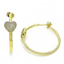 Gold Filled Hoop Earrings Heart Design With White Micro Pave Polished Finish Golden Tone