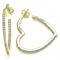 Gold Filled Hoop Earrings Heart Design With White Micro Pave Polished Finish Golden Tone