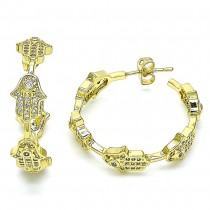 Gold Filled Hoop Earrings Hamsa Design With White Micro Pave Polished Finish Golden Tone