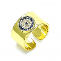 Gold Filled Multi Stone Ring Greek Eye Design With Blue Topaz and White Micro Pave Polished Finish Golden Tone