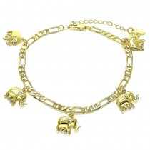 Gold Finish Charm Anklet Elephant Design Polished Golden Tone