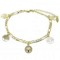Gold Finish Charm Anklet Tree Design with White Micro Pave Polished Golden Tone