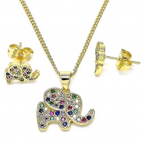 Gold Filled Earring and Pendant Adult Set Elephant Design With Multicolor Micro Pave Polished Finish Golden Tone