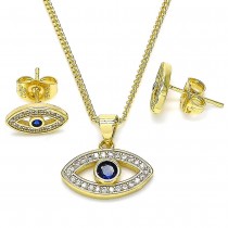 Gold Filled Earring and Pendant Set Greek Eye Design With Sapphire Blue and White Micro Pave Polished Finish Golden Tone