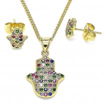 Gold Filled Earring and Pendant Set Hand of God Design With Multicolor Micro Pave Polished Finish Golden Tone