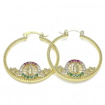 Gold Filled 35mm Guadalupe and Flower Design Medium Hoop Earrings With Multicolor Cubic Zirconia Polished Finish Golden Tone