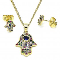 Gold Filled Earrings & Pendant Set Hand Of God Design With Multicolor CZ Polished Finish Gold Tone