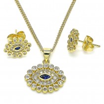Gold Filled Earring and Pendant Set Greek Eye Design With Sapphire Blue and White Micro Pave Polished Finish Golden Tone